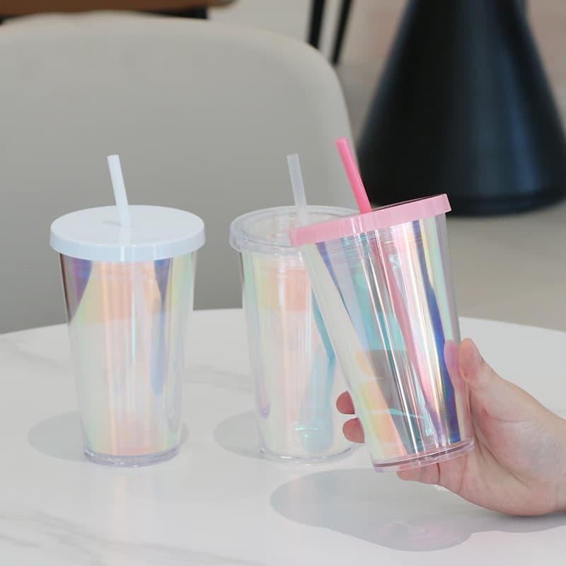 Hot-selling colorful plastic straw cup, transparent flat lid milk tea cup, glitter card slot double-layer beverage cup