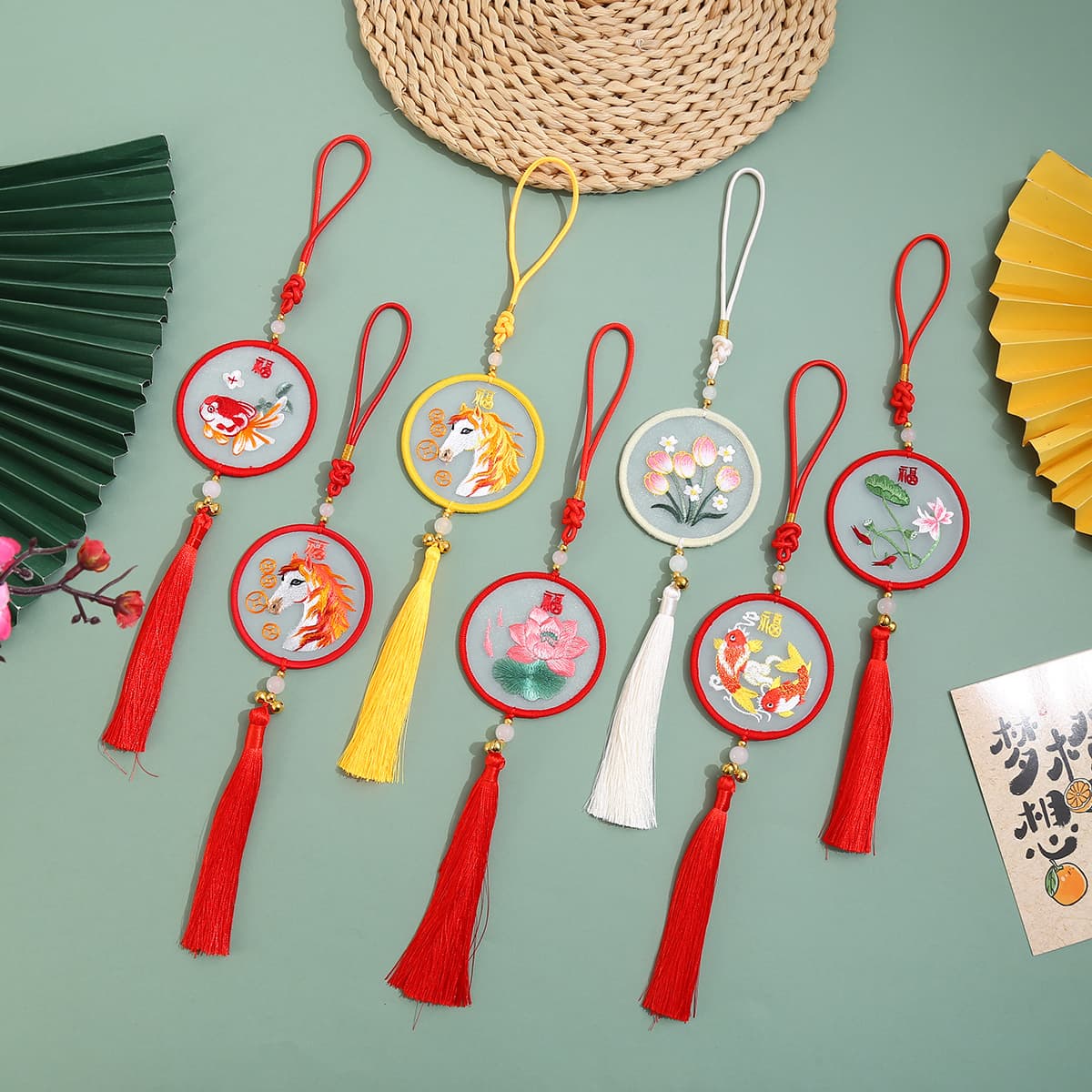 Handmade Embroidered Souvenir Single Silk Thread Amulet, Spring Festival Ornament, Chinese Style Blessing Gift for Car Cultural and Creative Hanging