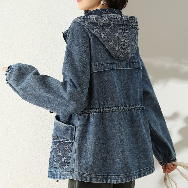 Waist-cinching Denim Short Jacket for Women, Spring/Autumn Fashion, Korean Style, Loose Fit, Plus Size, Hooded Denim Jacket, Casual Coat