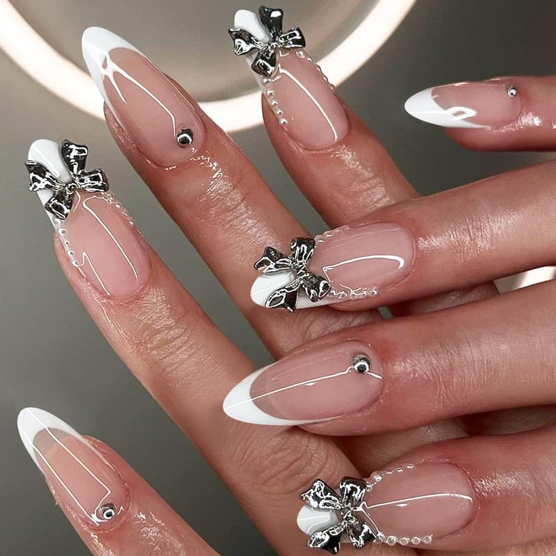 New Cross-Border Wearable Nails French White Edge Simple Detachable Fake Nails Bow Pearl Nails