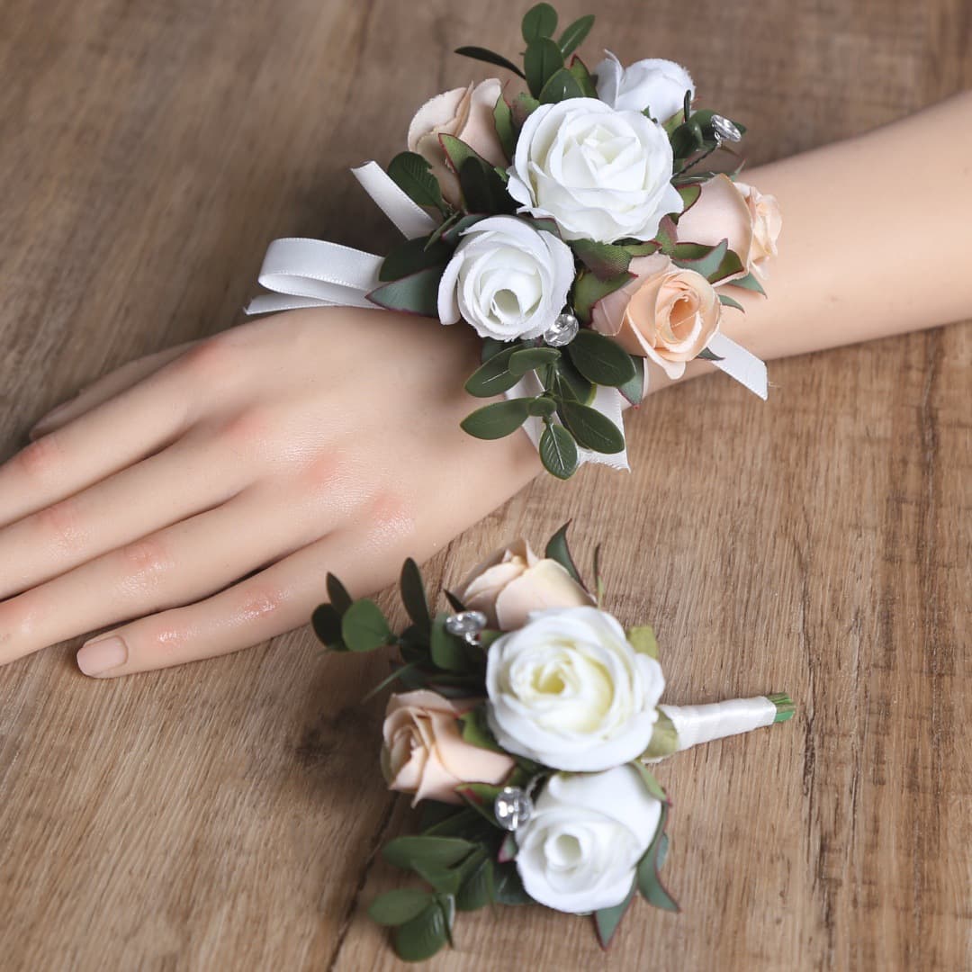 Simulated rose knot wedding corsage bride bridesmaid wrist flower groom groomsman corsage champagne white rose bouquet