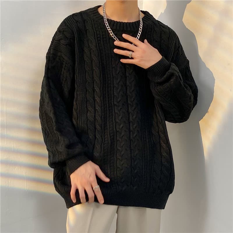 Japanese Style Cable Knit Long Sleeve Sweater Unisex Thick Loose Crew Neck Pullover Base Layer Ins Trendy Autumn Winter Knitwear