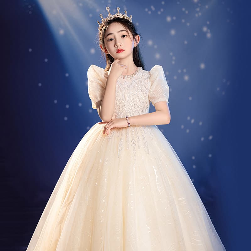 Children's Champagne Princess Dress for Girls Birthday Banquet Catwalk Gown Flower Girl Wedding Piano Host Performance Costume