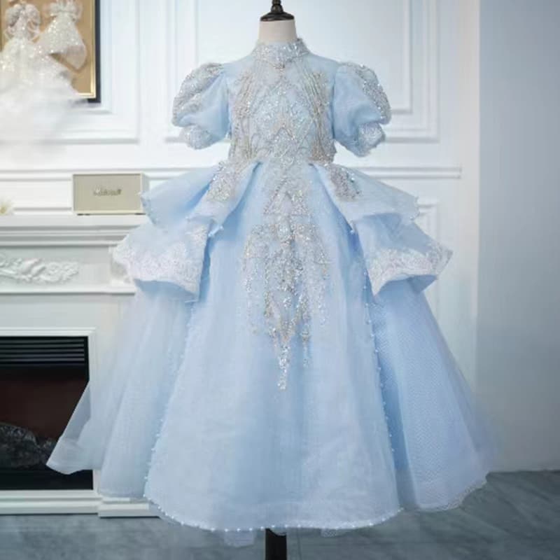 Girls Heavy Craft Vintage Blue Dress 2026 Summer New Piano Performance Princess Dress Flower Girl Runway Show Costume