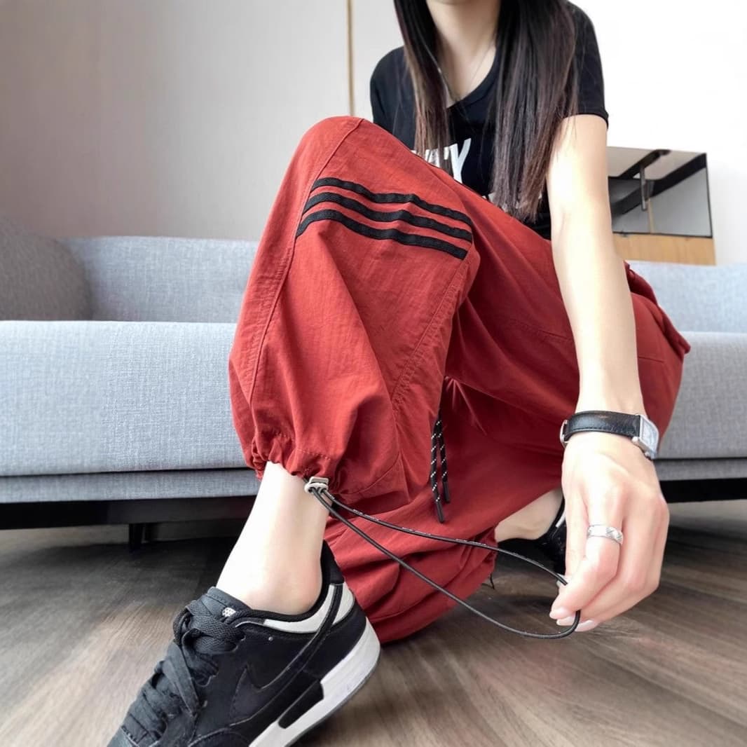 American Sporty Versatile Cargo Pants for Women Summer Drawstring Cuffed Two-Way Long Pants, Straight-Leg Slimming High-Waist Wide-Leg Striped