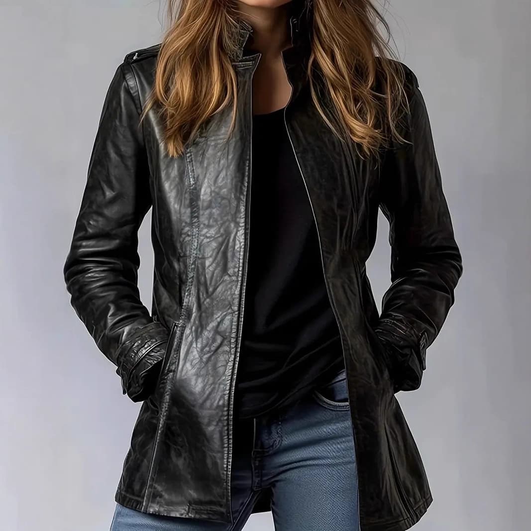 Spot cross-border AliExpress Amazon European and American medium-length leather jacket women's stand-up collar motorcycle cardigan leather jacket