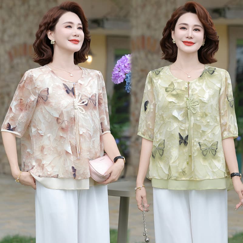 Mom's Short-Sleeve Fashion Blouse Summer Middle-Aged and Elderly Women's Top New Chinese-Style Printed Shirt New Loose Fit for Seniors