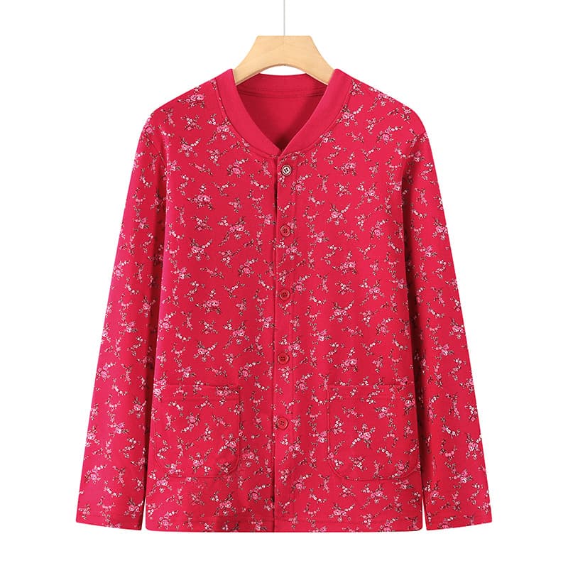 Autumn/Winter Women's Middle-aged and Elderly Open-front Cotton Undershirt Long-sleeved Cardigan Blouse