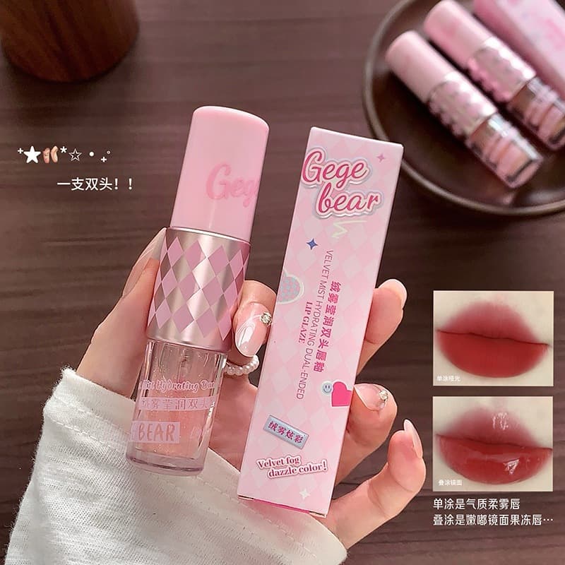 Gege Bear Mist Moisturizing Double-Ended Lip Gloss, Nude Mirror Finish, Autumn/Winter Brightening, Waterproof and Long-Lasting, Cross-Border Beauty