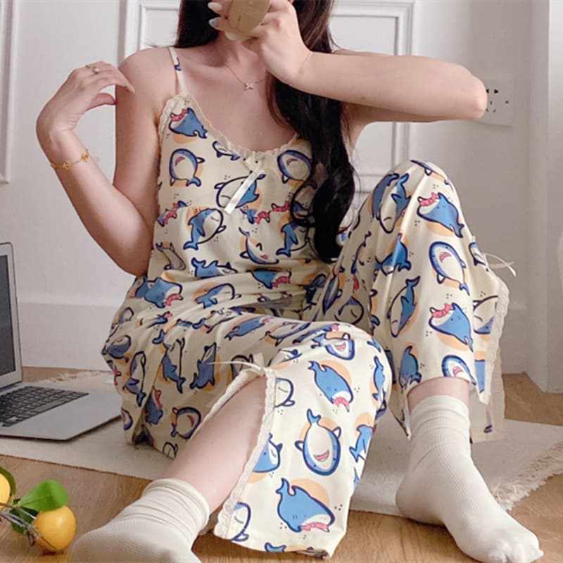 Summer Pure Desire Camisole with Padded Bra and Long Pants Sleepwear for Women, Cute Cotton-Like Loose Fit Loungewear for Girls