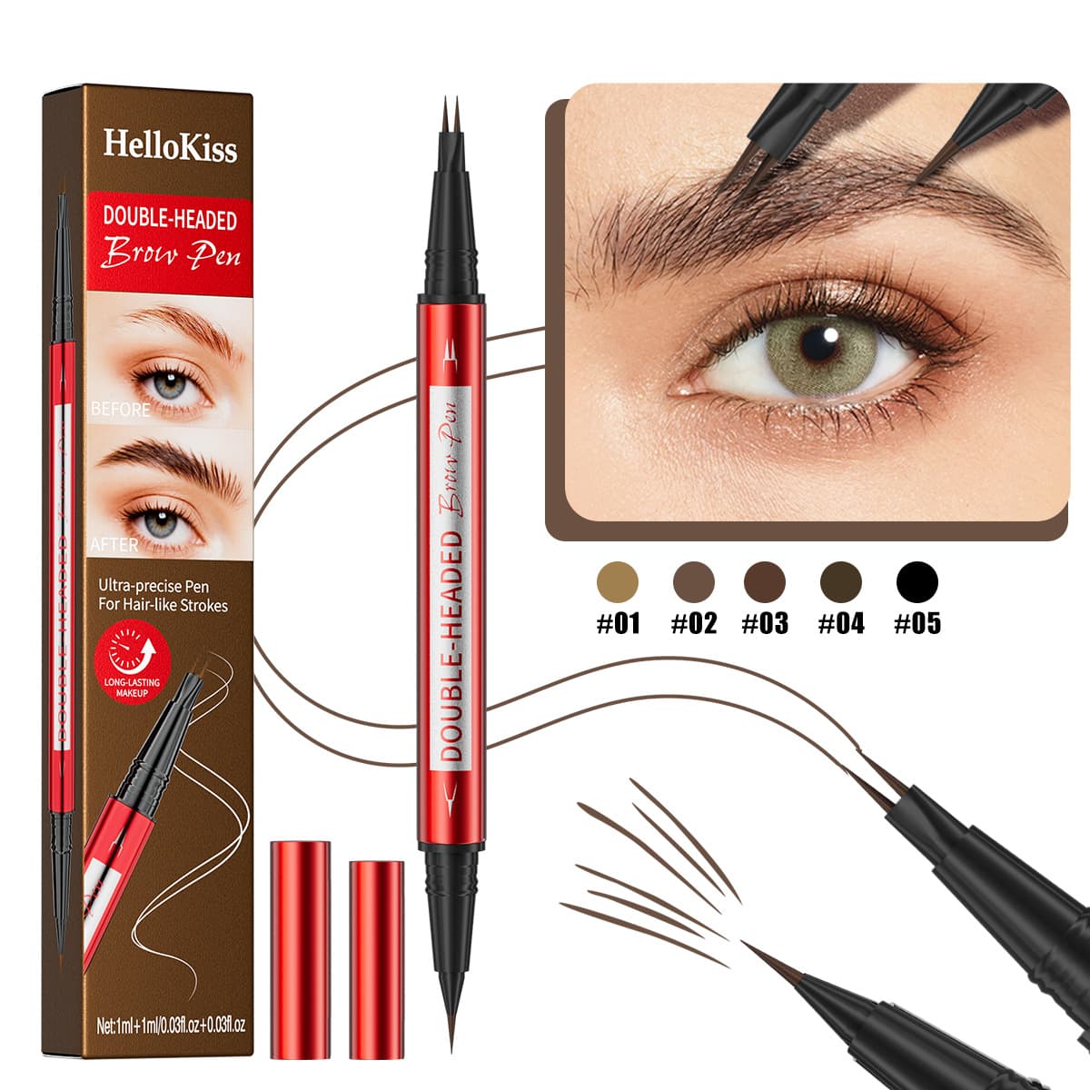 Hellokiss Red Tube Dual-Ended Two-Prong Eyebrow Pencil Waterproof Smudge-Proof Natural Wild Bionic 2-in-1 Eyebrow Pencil