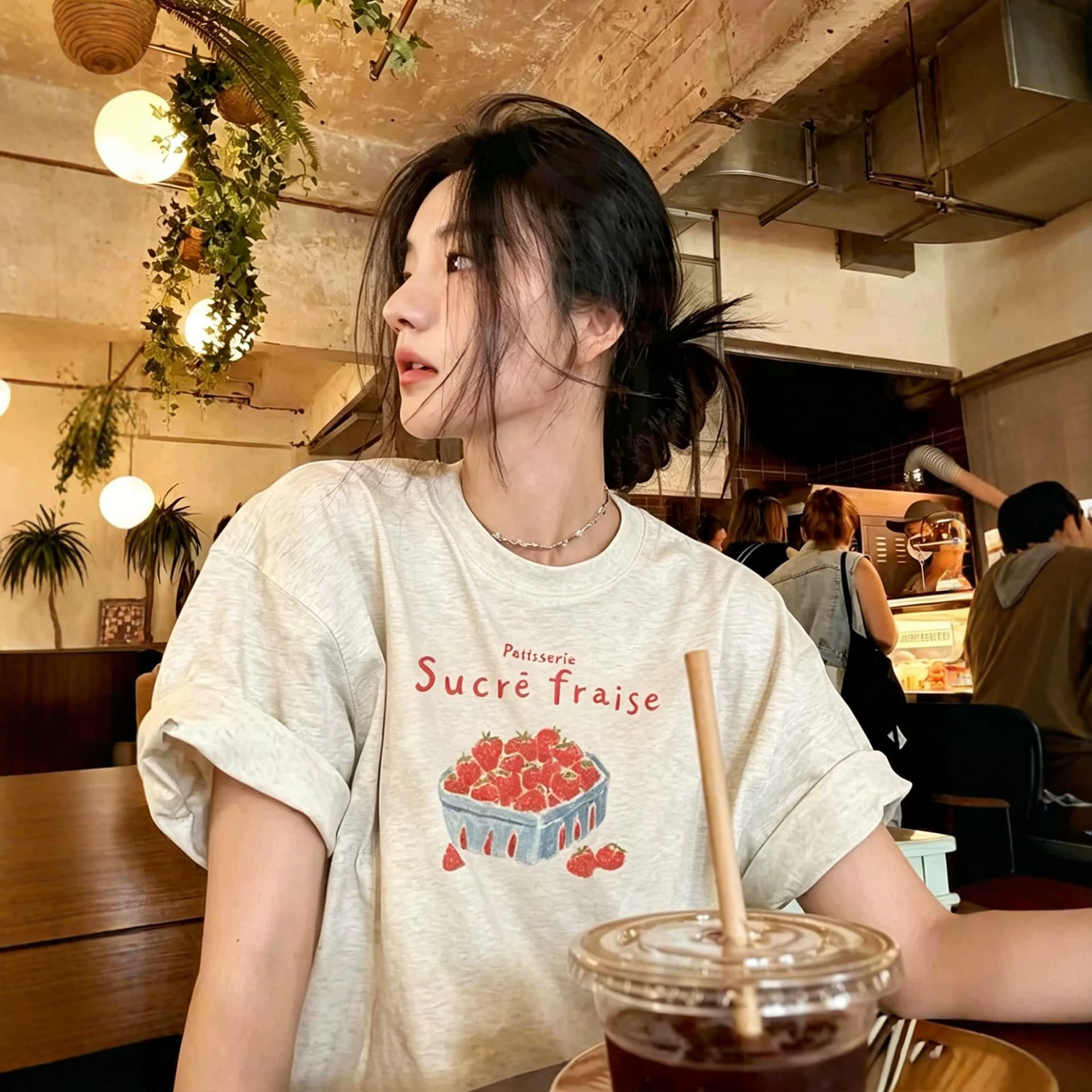 Plus Size 2XL-300 lbs Korean Style Letter Strawberry Print Short Sleeve T-Shirt for Women, Summer Loose Crew Neck Top