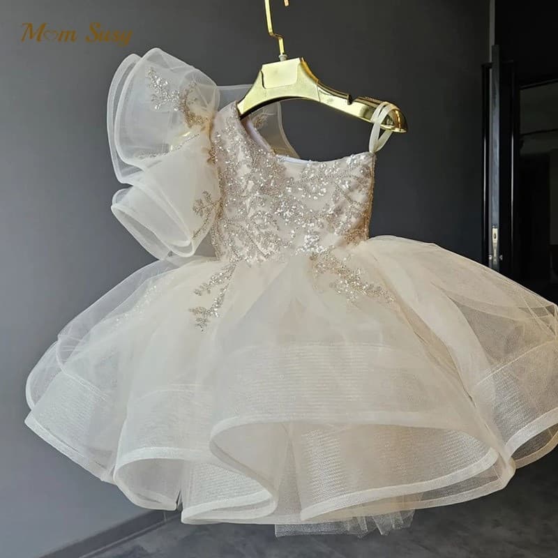 Baby 1st Birthday Host Dress One-Shoulder Strap Princess Gown Flower Girl Wedding Little Girl Birthday Piano Performance Dress