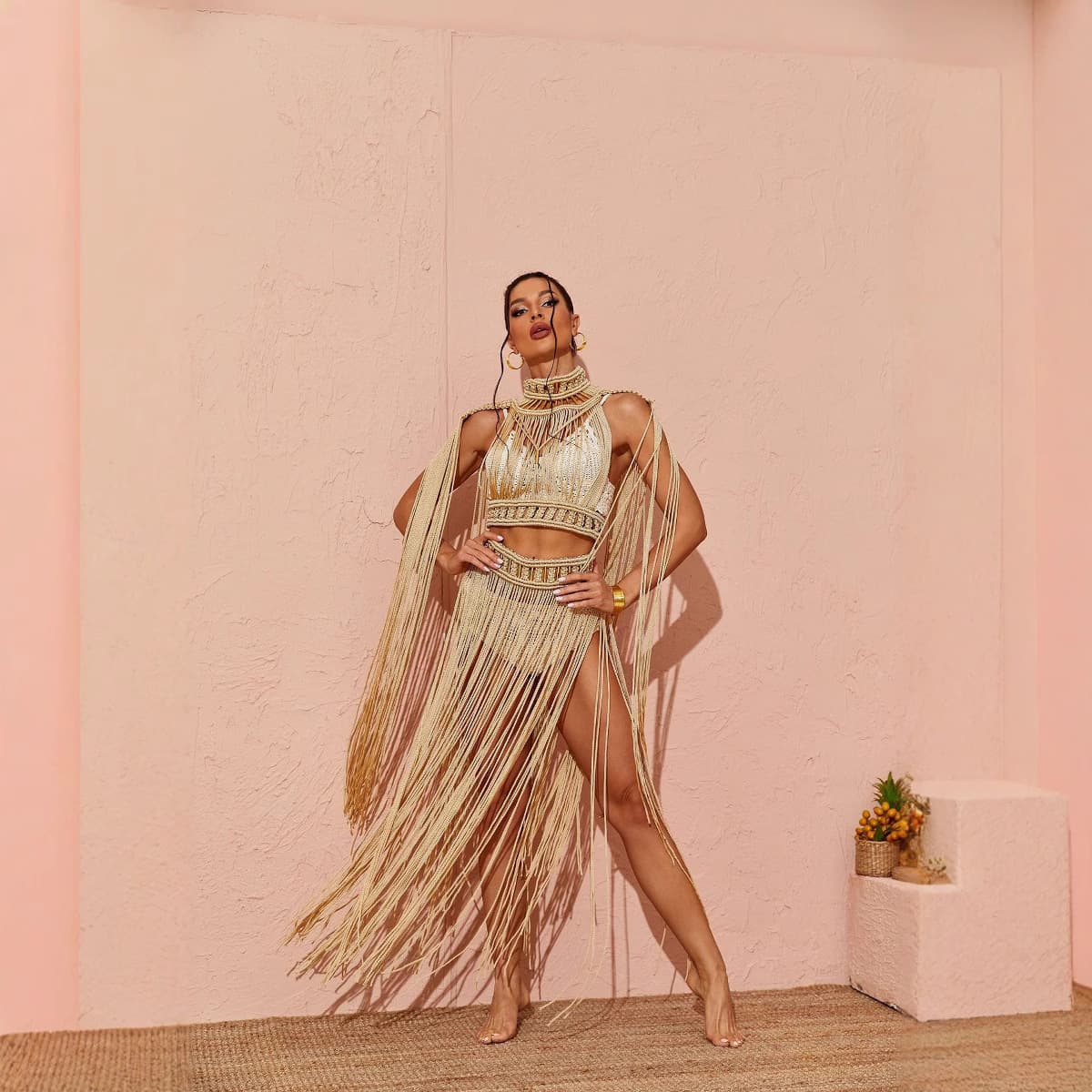 Sexy Retro Goddess Style Fringed Long Dress Swimsuit Beach Sexy Swimsuit Polyester Lycra Blend Handcrafted Braid Design