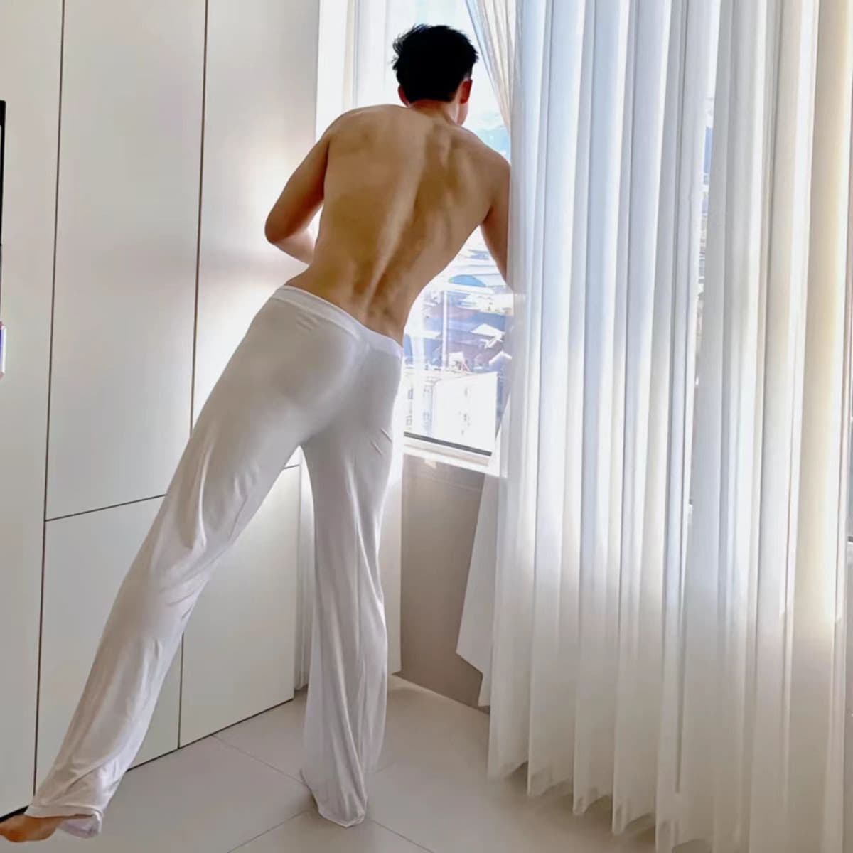 Solid Color Drawstring Men's Lounge Pants Sleep Pants Loose Plus Size Men's Yoga Wear Ice Silk Lounge Trousers Straight Leg Pants