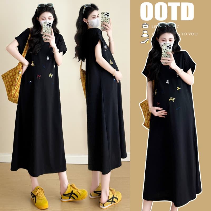 Maternity 2025 Summer New Loose Short-Sleeve T-Shirt Dress Long Casual Loose Dress Trendy Mom