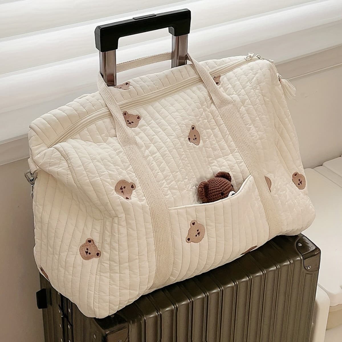 Fashionable and simple embroidered cute bear storage zipper embroidered cotton mommy baby stroller hanging bag diaper bag