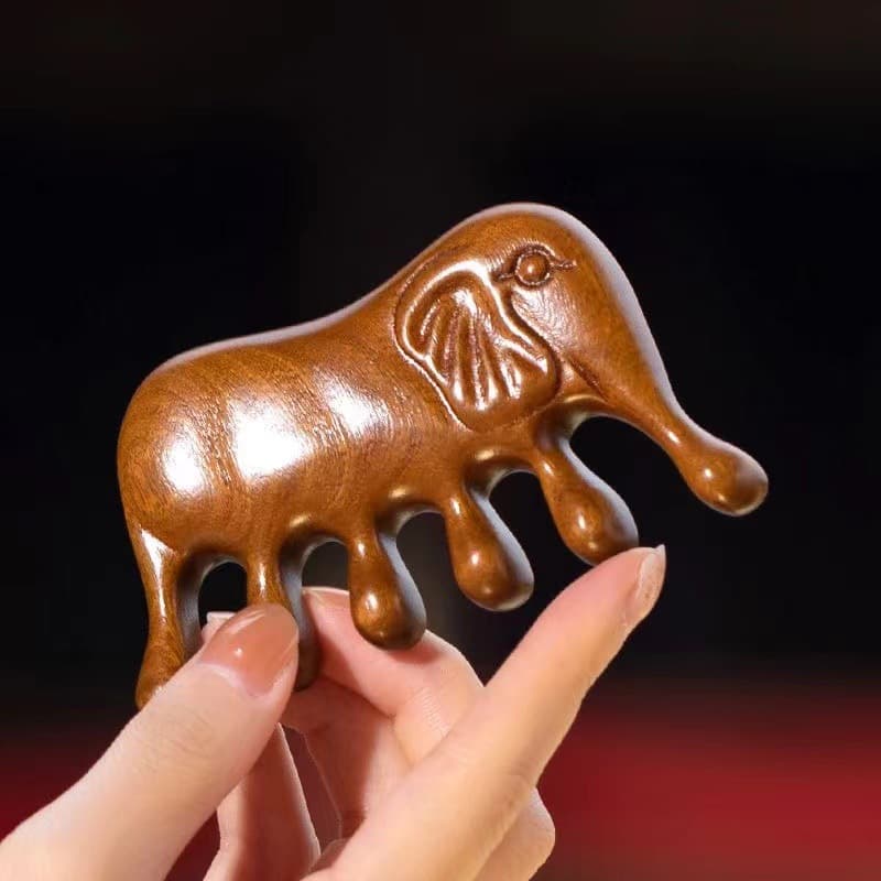 Custom Elephant Massage Comb Scalp Meridian Comb Acupoint Scraping Five-Round Ball Comb Gold Wire Green Sandalwood Massage Comb Wholesale