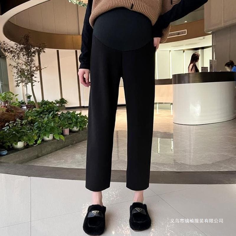 Maternity pants, autumn wear, plus size, loose, wide-leg, straight-leg, knitted maternity pants, autumn and winter fleece-lined casual grandma pants