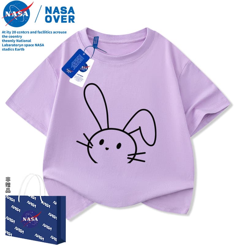 NASA Cartoon Little Rabbit Print Kids' Short Sleeve Girls' Pure Cotton T-Shirt, Summer Stylish and Versatile Top for Middle and Big Kids