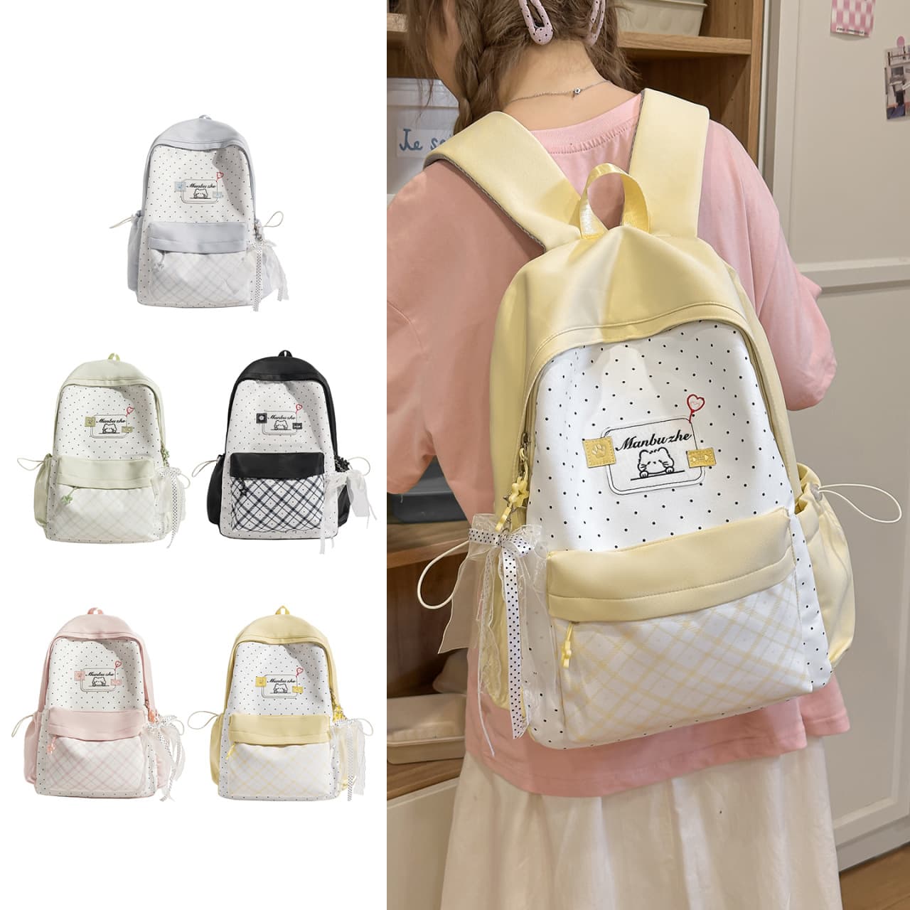 Bow-tie student schoolbag for girls in middle and high school, Korean cute backpack, cartoon cat embroidery, lightweight polka-dot backpack