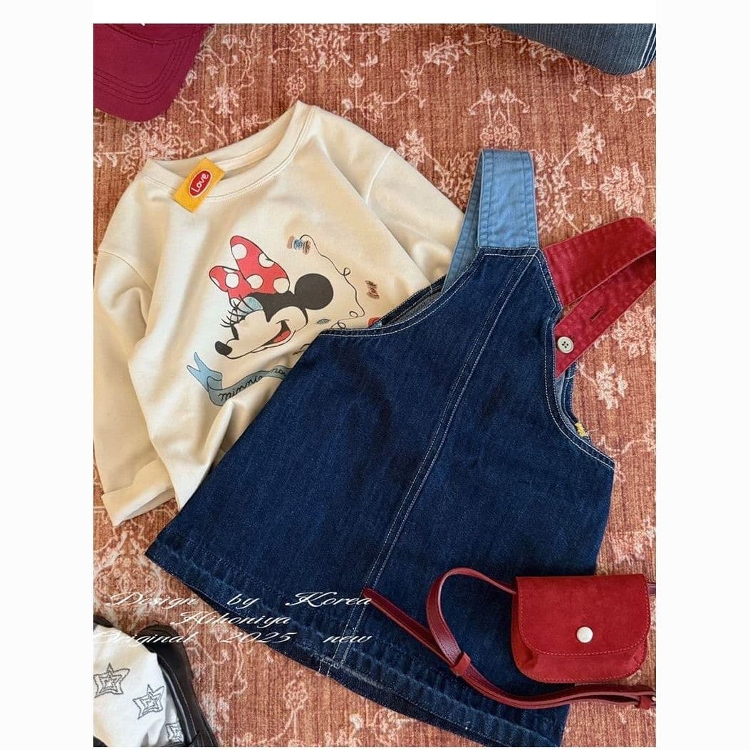 Korean Style Girls' Clothing 2026 Spring and Autumn New Arrival Baby Girl Color-Block Mickey Denim Overall Dress Girls' Cartoon Print Long Sleeve