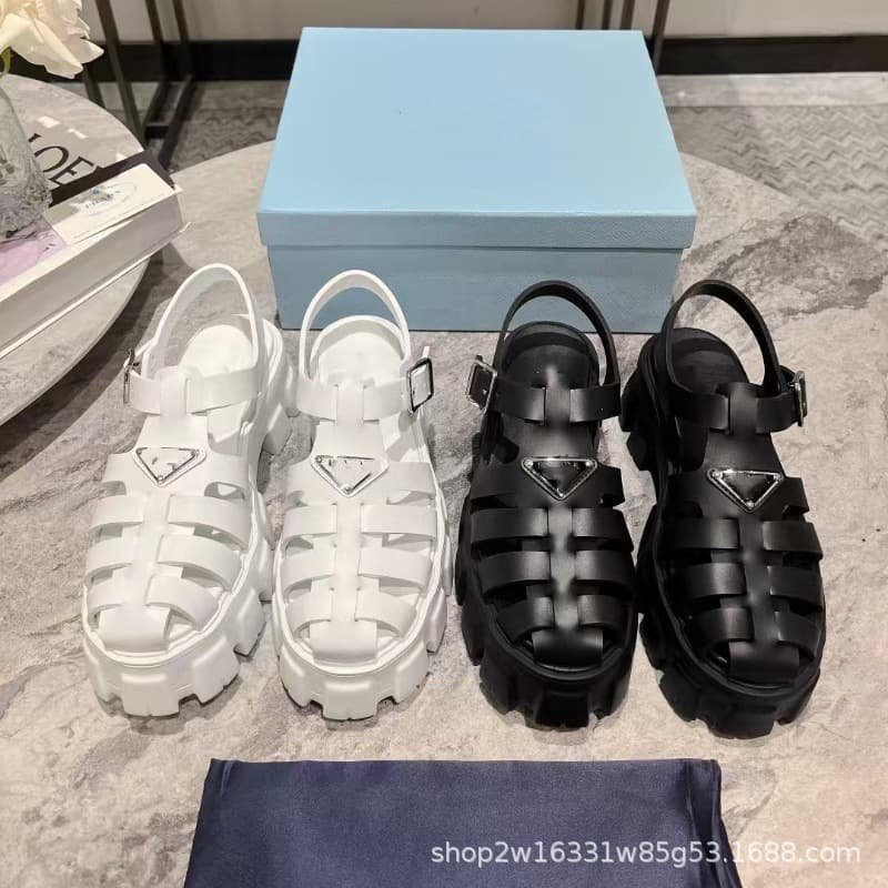 Thick Sole Gear Sandals Women's Shoes Cage Shoes Toe-Covered Hollow Woven Platform Roman Sandals Plus Size Casual Style Sandals