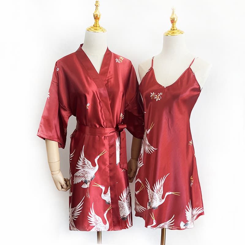 Cross-border ice silk Chinese style crane plus size cardigan bathrobe summer thin silk wedding robe bride bridesmaid morning robe