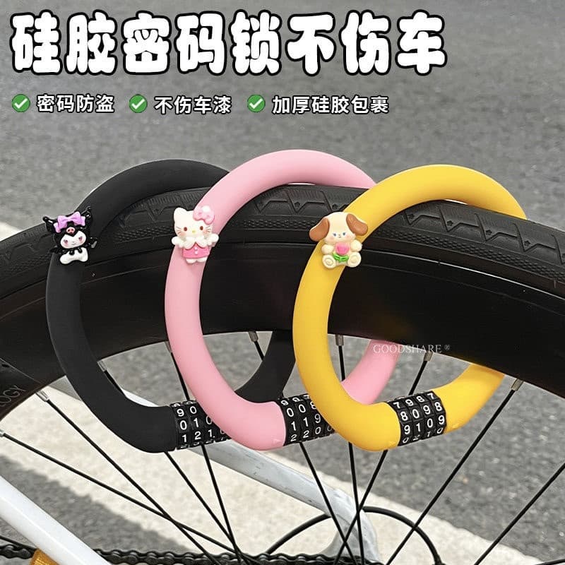 Bicycle Cable Lock, Silicone Coating Protects Paint, Cartoon Kuromi, Mountain & Road Bike Combination Lock, Rustproof