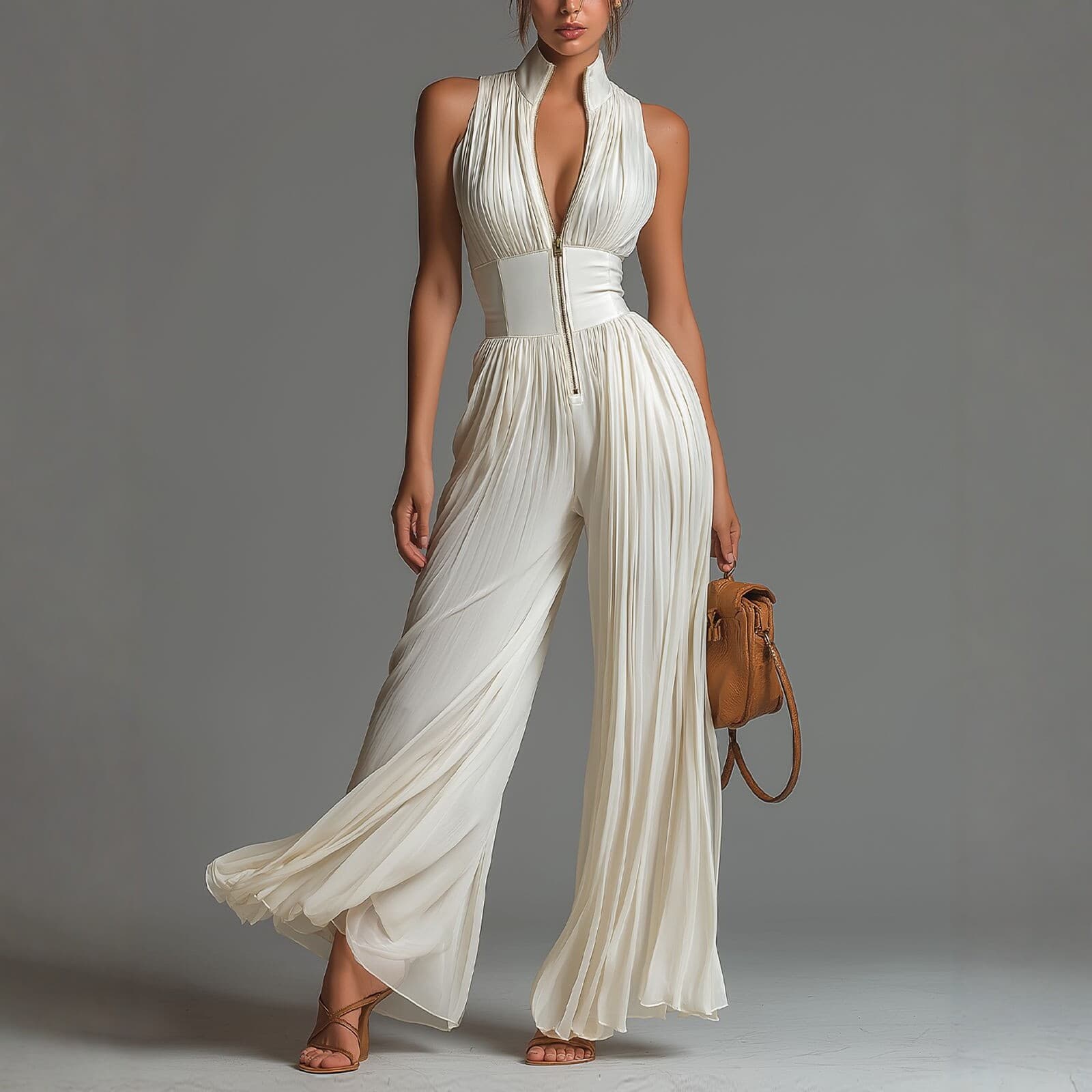 2026 New European and American Style White Pleated Halter Jumpsuit for Women, Long Wide-Leg Fashionable Sexy Pleated Cross-Border Women's