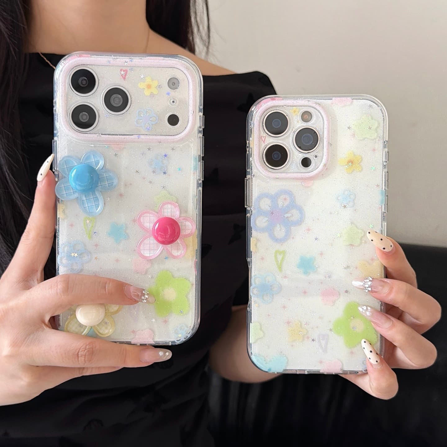 Glitter colored flowers suitable for iPhone17promax protective cover Apple 16pro mobile phone case 15 female cute
