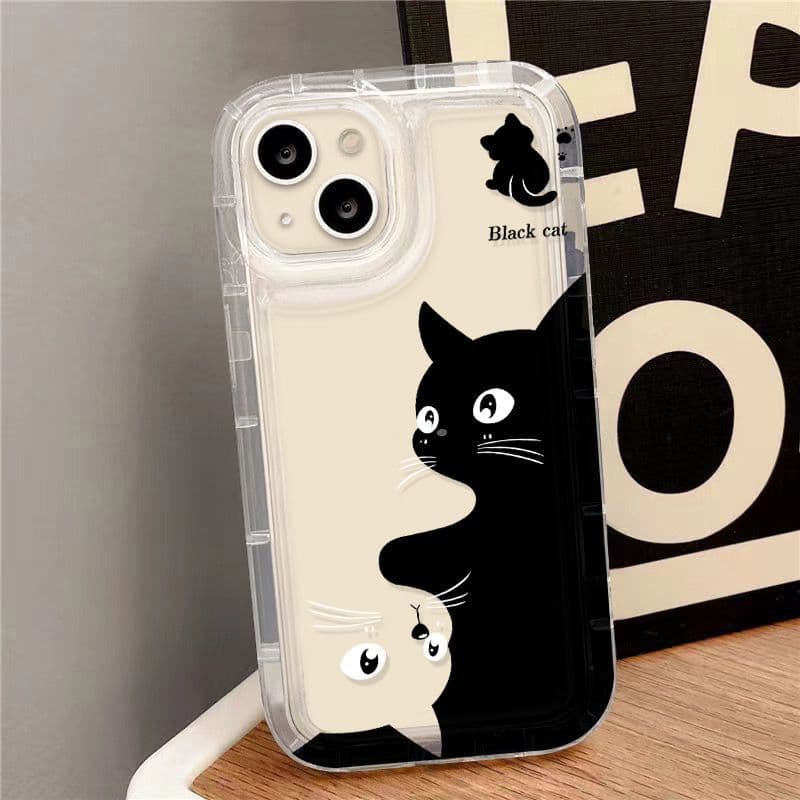 Black and White Cat Design Shockproof Phone Case for iPhone 17 Pro Max, 14 Pro, Men and Women, 13/16, Apple 15