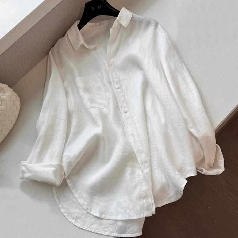 Slim Fit Cotton Linen Shirt Women's Loose Long Sleeve Slimming High End Linen Shirt Autumn New Style White Men's Button up Top