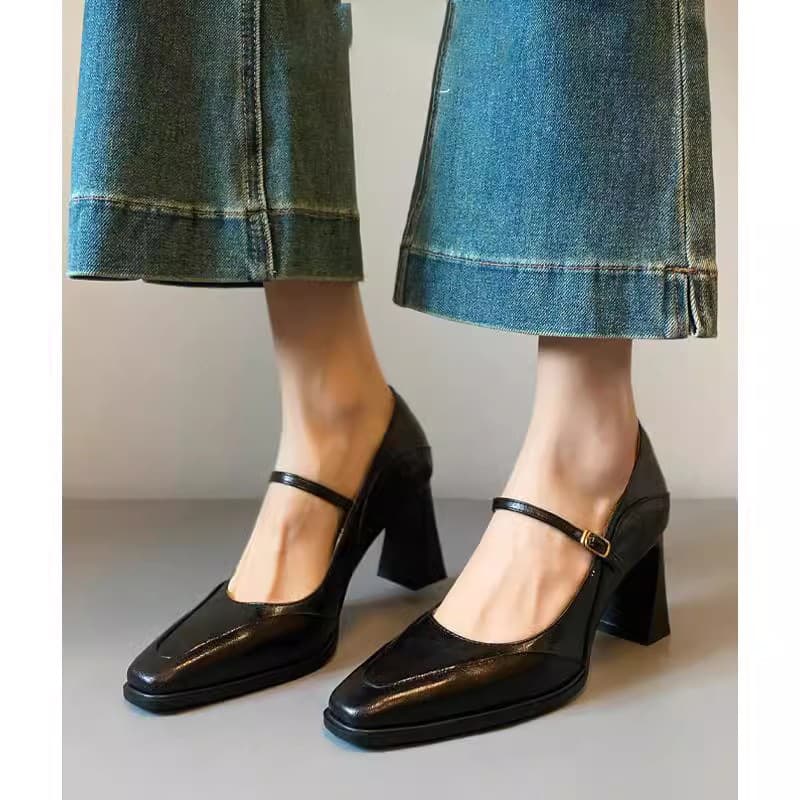 Vintage Mary Jane Heels for Women, French Style High Heel Shoes with Strap, Square Toe Chunky Heel Fashion Shoes