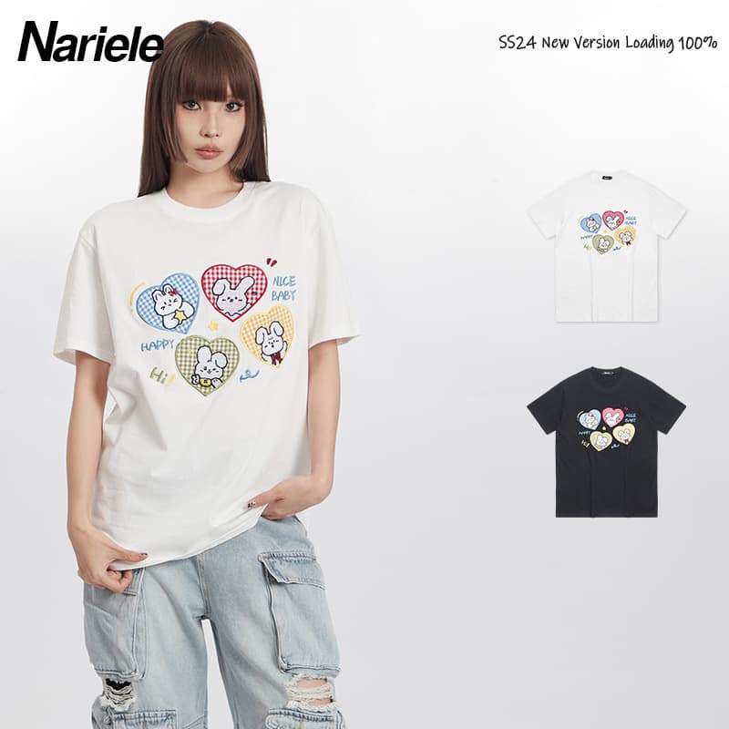 Heyhenry European and American 2025 Summer Round Neck Cartoon Patch Embroidered Large Size Loose Short-Sleeved T-Shirt Women's Top Ins