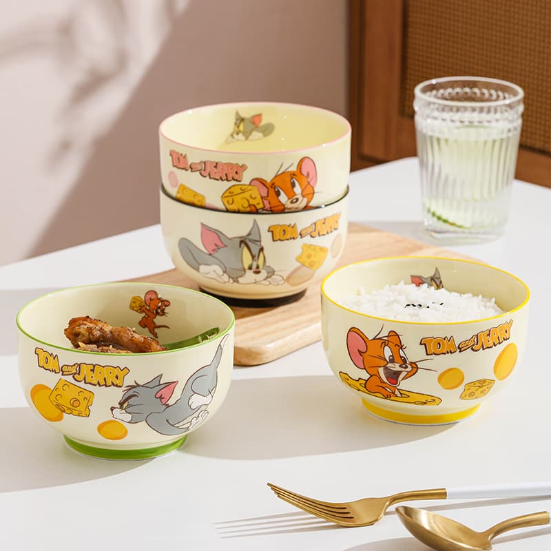 Tom and Jerry Co-branded Cat and Mouse Bowl Set, Cartoon Noodle Bowl, Cute Breakfast Bowl, High-Glaze Ceramic Soup Bowl for Home Use
