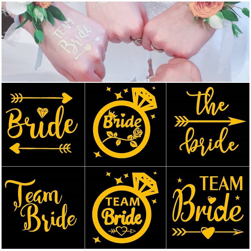 Team Bride Bridesmaid Wedding Bachelorette Party Metal Water Transfer Temporary Tattoo Set with Gold Foil