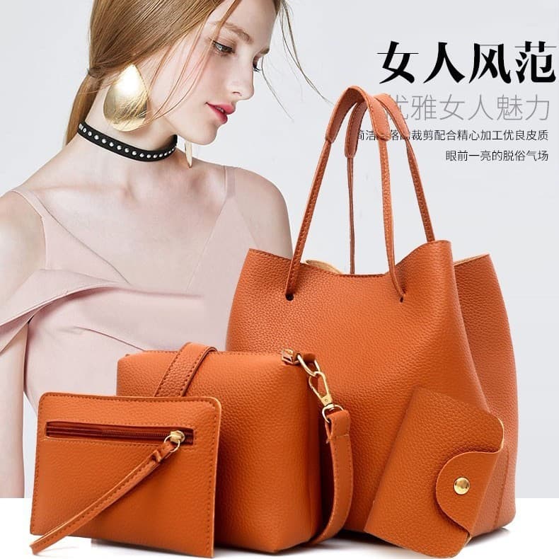 2025 Spring New Lychee Pattern Women's Bag Fashion Large Bag Korean Style Shoulder Handbag Crossbody 4-Piece Set Bucket Bag