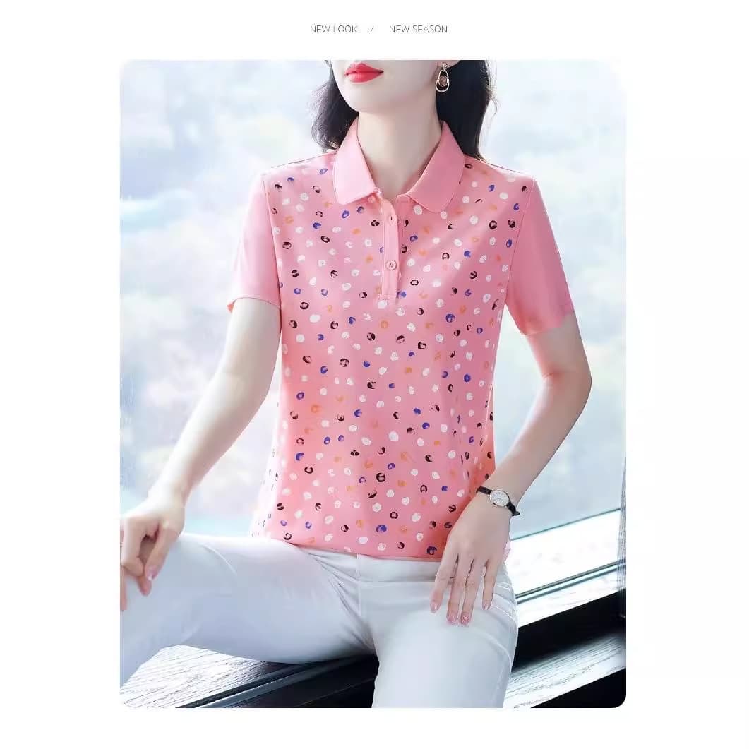 Casual Polo Neck Short Sleeve T-Shirt Women's Fashion Anti-Aging Summer Sporty Top Mommy Style Comfortable Polyester Fabric