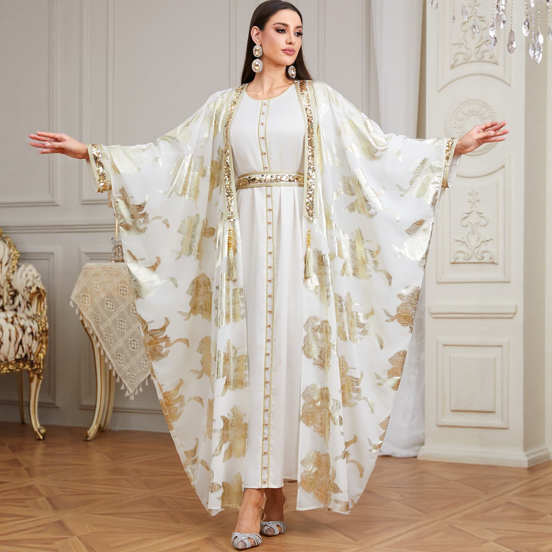 Cross-border elegant bronzing beaded robe for women, ethnic style sequined two-piece dress, foreign trade fashionable temperament long skirt