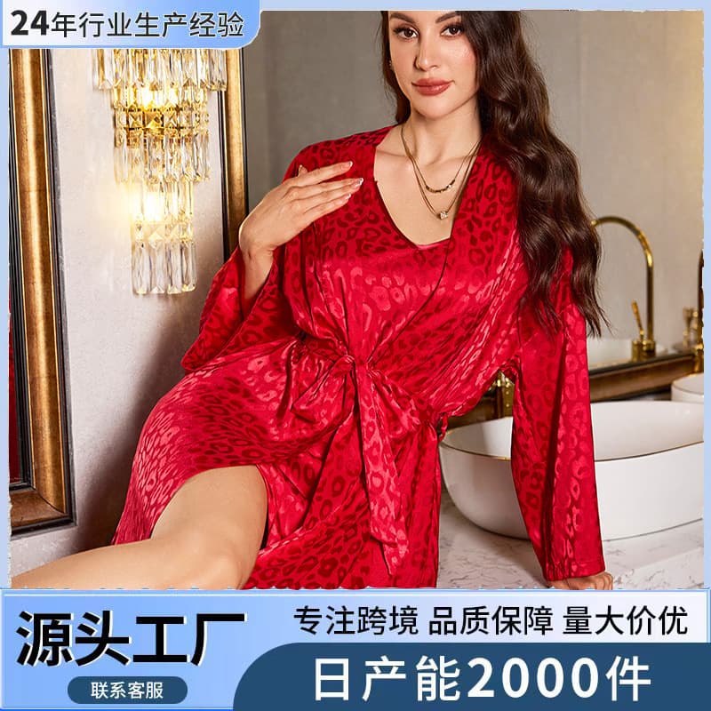 Carefully Selected Foreign Trade Fashionable Robe New Long Sleeve Pajamas Women Elegant Jacquard Leopard Print Silk Homewear