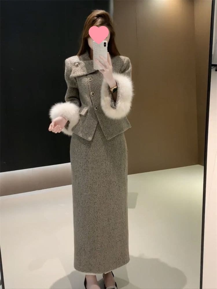 X1V autumn/winter thickened wool blend suit skirt set for women with jacket.