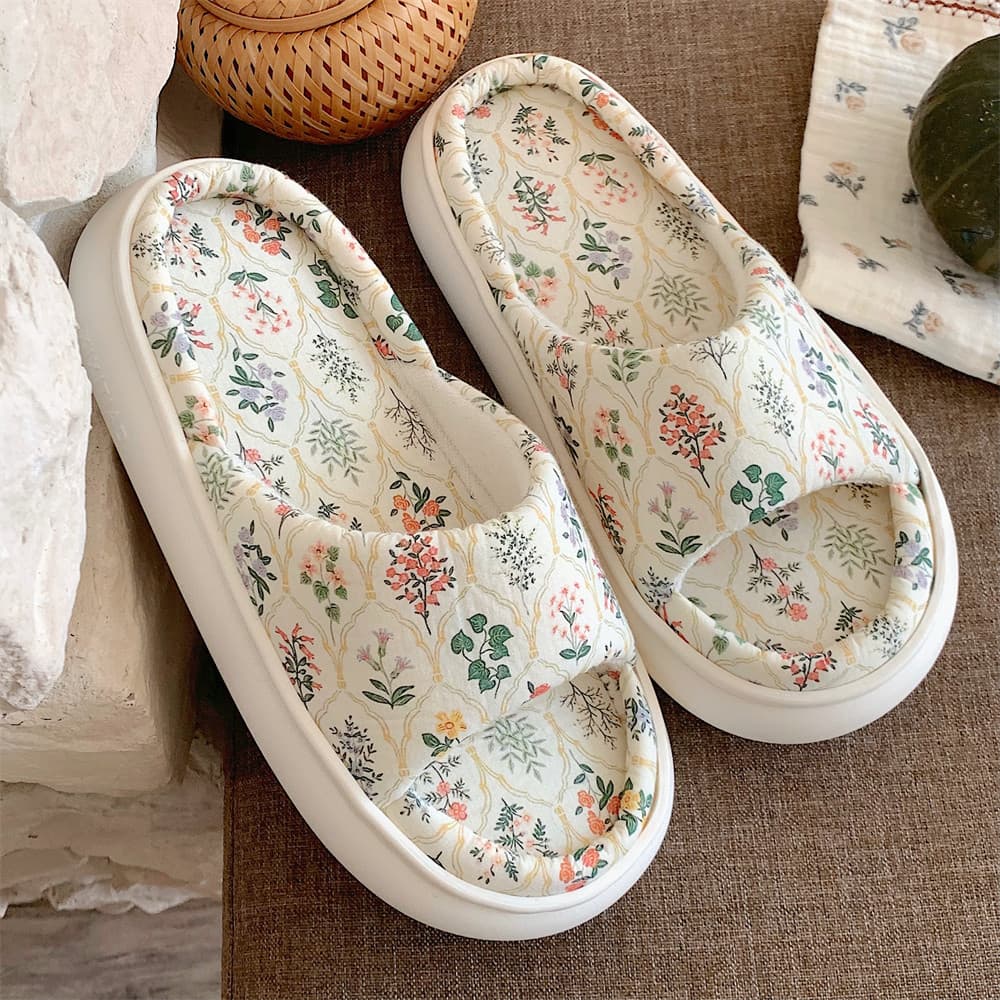 Fashion Plain Floral Flooring Slippers Women's Four Seasons Universal New Soft Thick Bottom Linen Slippers