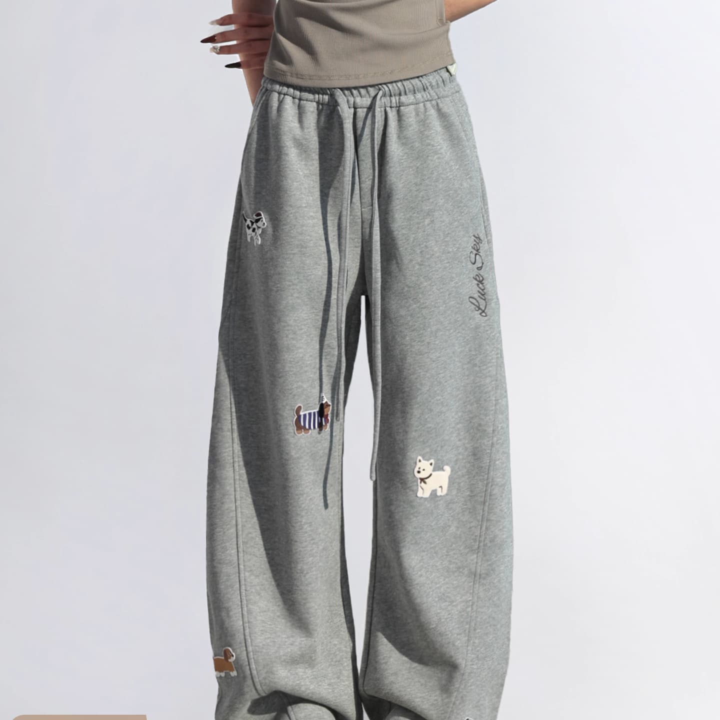 "CHANT2nd" Fun puppy patch embroidered wide-leg pants for women, straight-leg pants, drapey casual pants and sweatpants