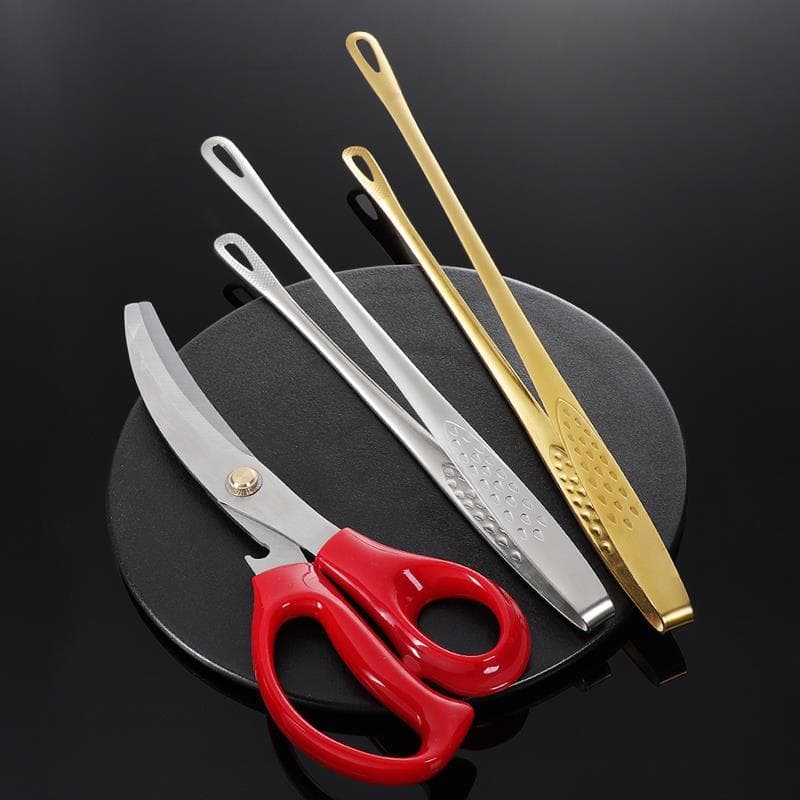 Korean-style 304 stainless steel professional golden barbecue food commercial scissors meat tongs steak tongs tool set