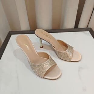Champagne Rhinestone One-Strap High Heel Sandals for Women, Comfortable Open-Toe Slippers