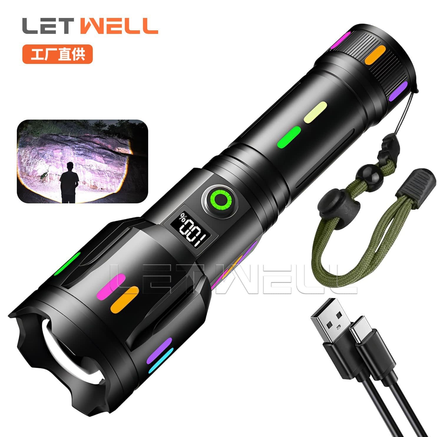 Cross-border Portable High-Power Type-C Rechargeable Zoomable Lithium Battery Long-Lasting Digital Display White Laser Flashlight Durable