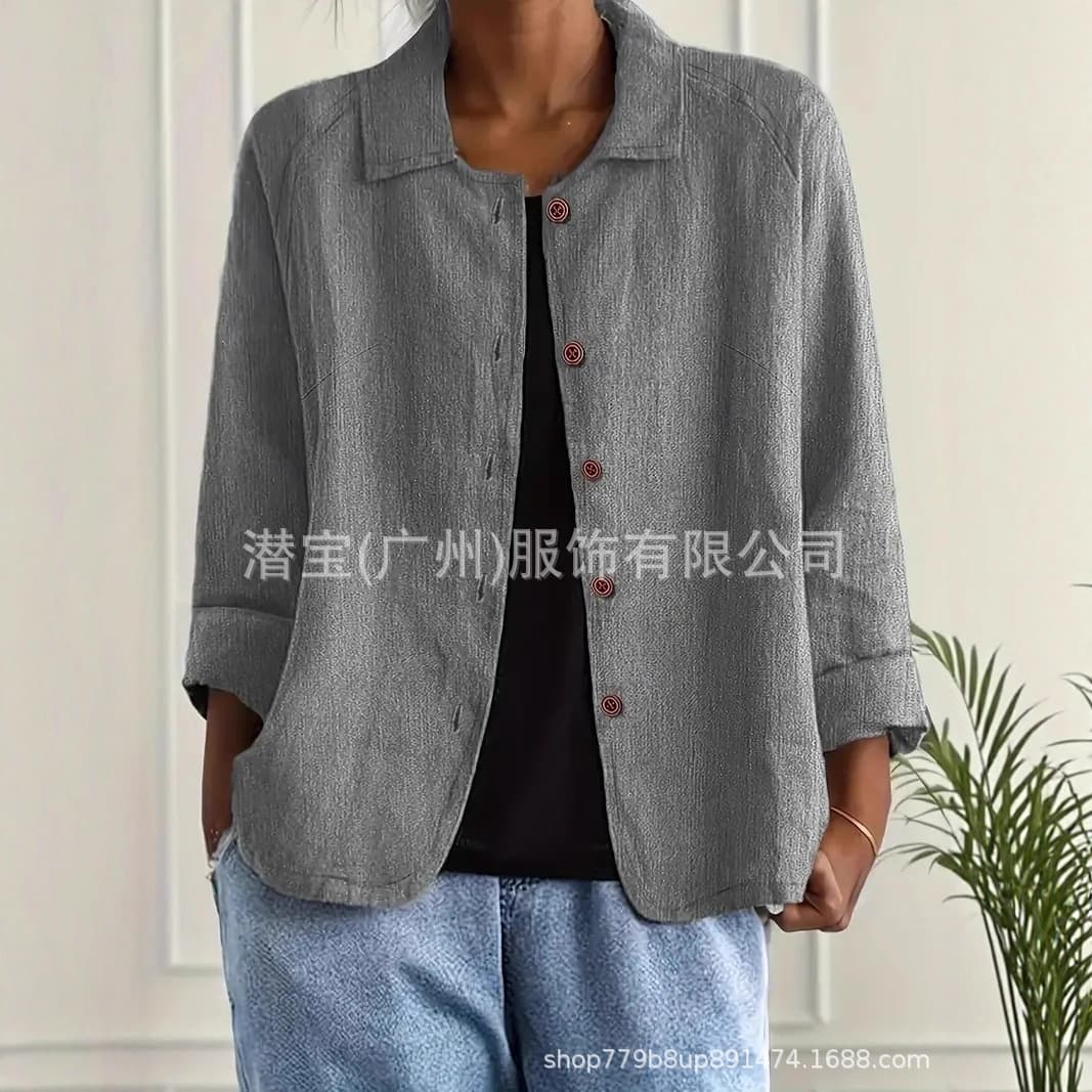 New Arrival Cross-Border European and American Women's Fashion 100% Cotton Blouse Shirt Collar Casual Slim Open Front Cardigan Jacket Women