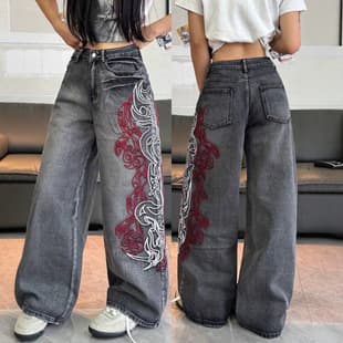 Cross-border Exclusive Side Totem Trendy Embroidery Wide Leg Jeans Women Hip Hop American Street Curved Blade Long Pants