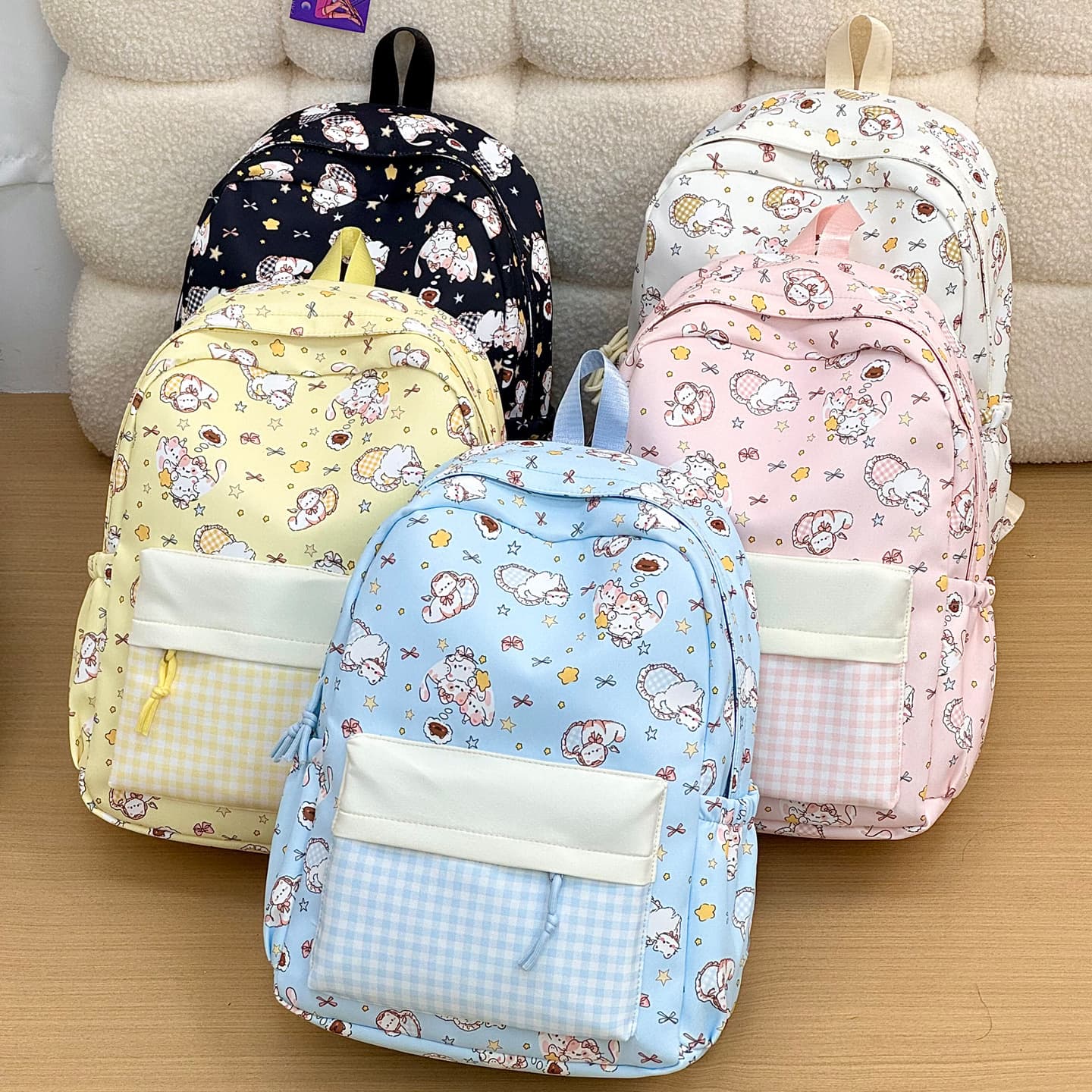 Healing Sweet Cool Soft Cute Cat Plaid Design Backpack Lightweight Commuter Daily Versatile Backpack for Middle and High School Students
